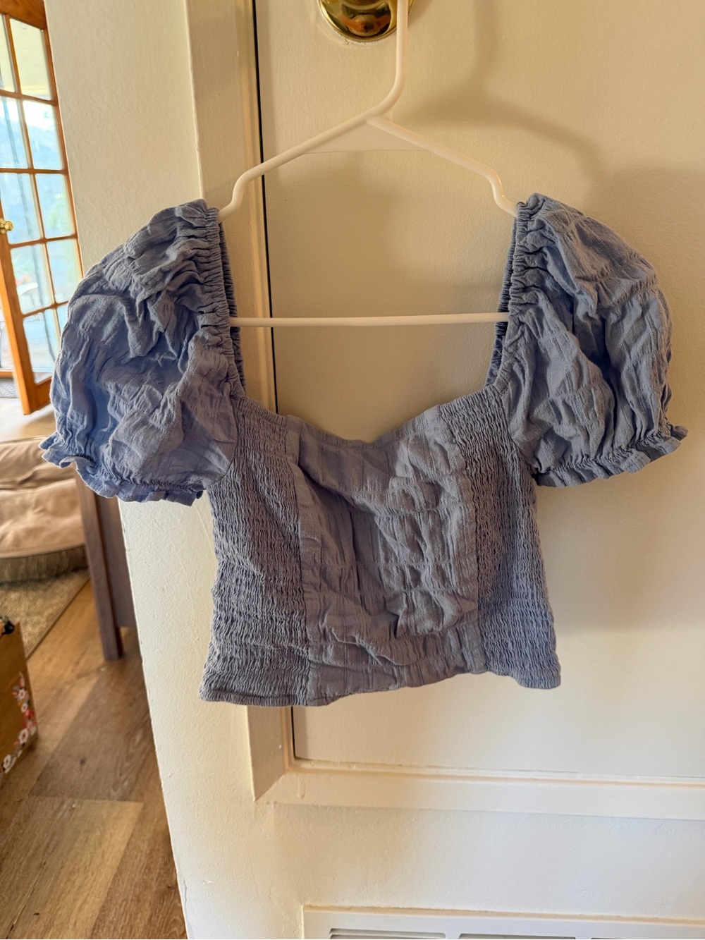 Cropped Puff Sleeve Smocked Top - Light Blue